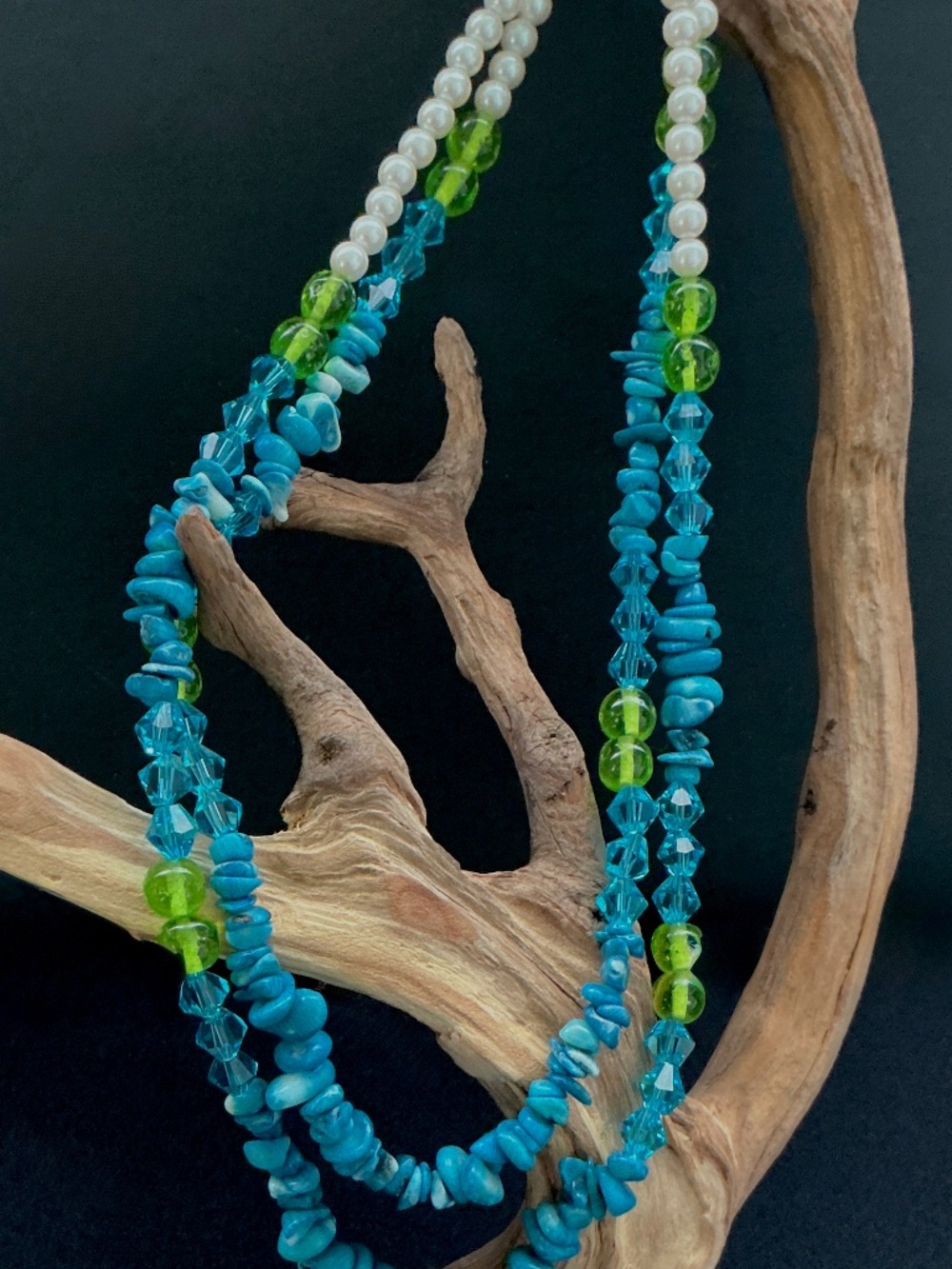 BushkaBlue Beach Cottage Double Strand Blue Coral Crystal & Pearl Necklace OOAK